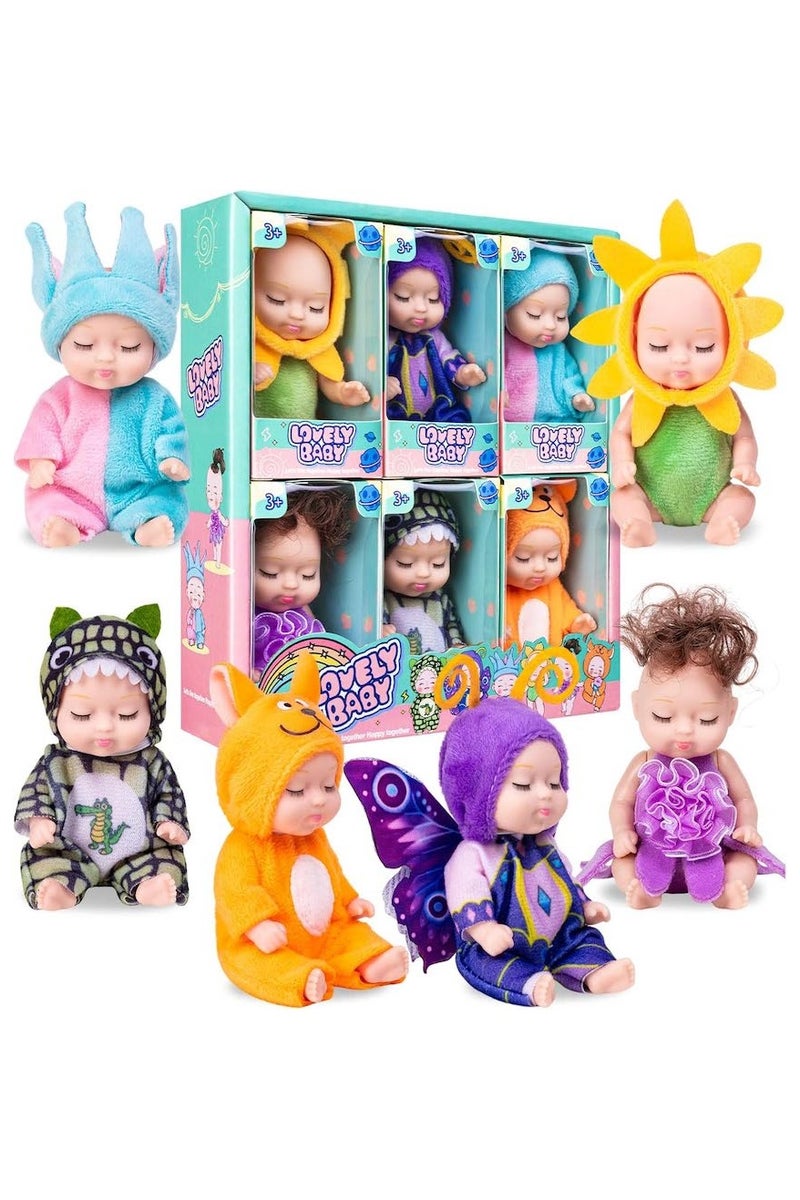 4.3 Inch Mini Baby Doll Set, 6 Pack of Realistic Baby Dolls with Animal Clothes,Handmade Cute Baby Doll Gifts Set for Kids Birthday Gifts - Image 1