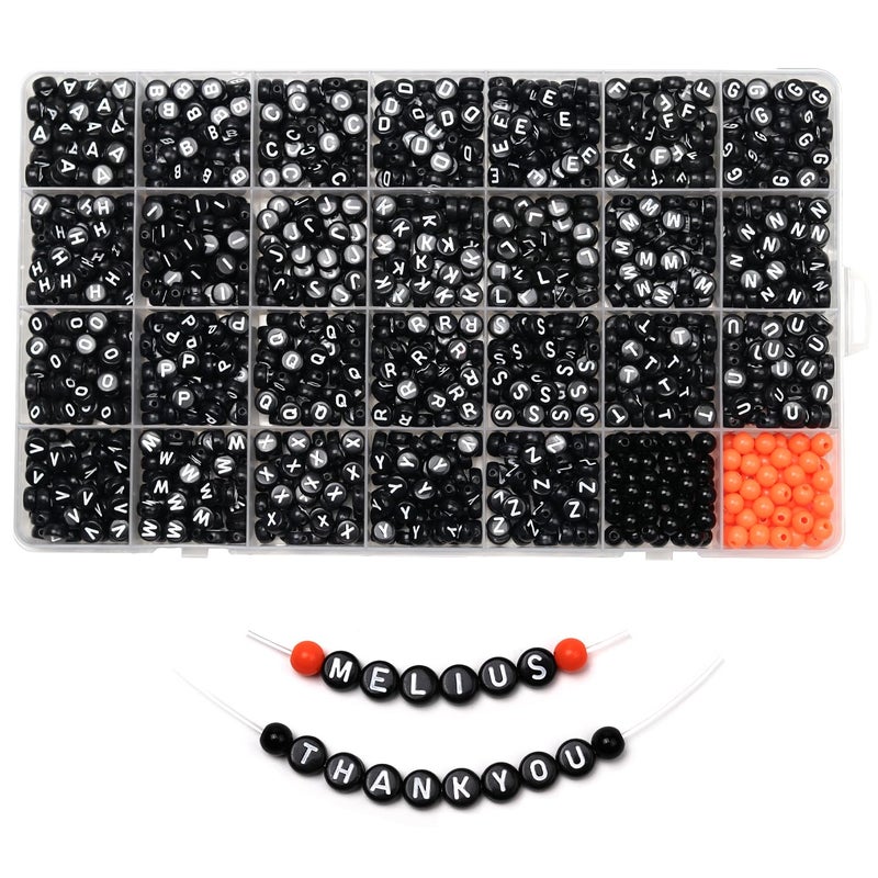 Melius Acrylic Black Letter Beads with Black and Orange Round Beads 1450 Pcs Round Alphabet Beads in 28 Grid Box for Jewelry Making DIY Friendship Bracelets Necklaces Key Chains