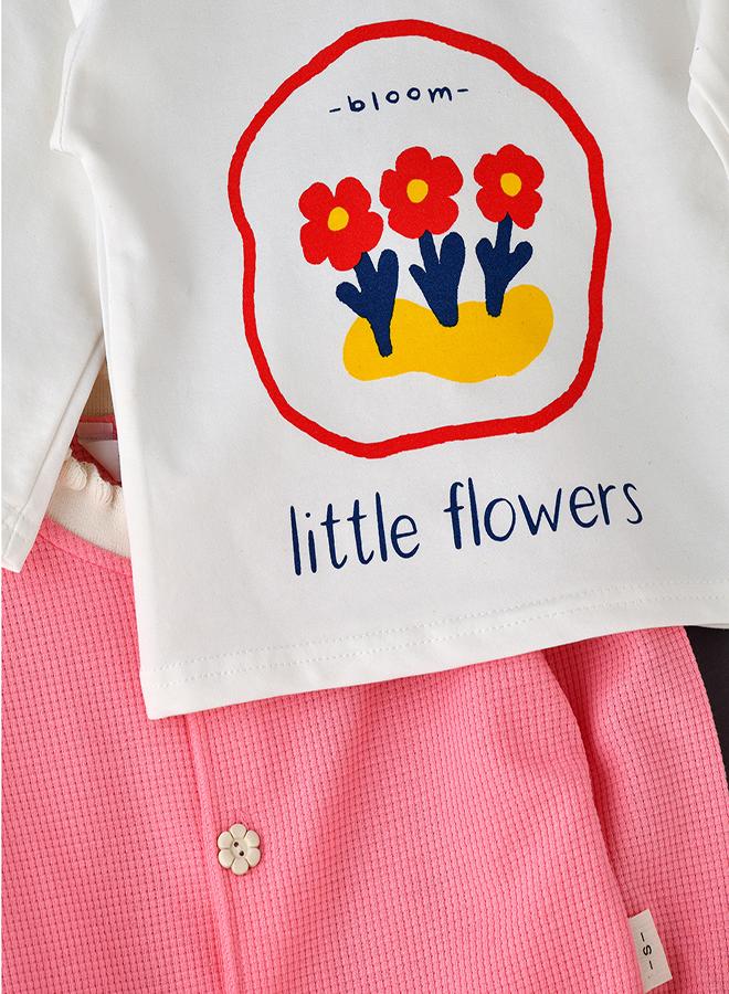 babyqlo Pink Floral Jacket T-shirt and Pant  Set for Girls  - Image 4