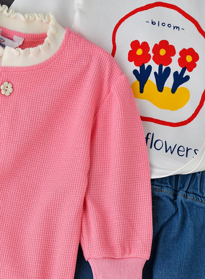 babyqlo Pink Floral Jacket T-shirt and Pant  Set for Girls  - Image 2