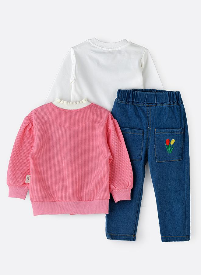 babyqlo Pink Floral Jacket T-shirt and Pant  Set for Girls  - Image 3