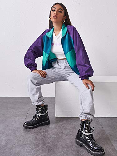 SweatyRocks Women's Lightweight Windbreaker Patchwork Zipper Sport Jacket Coat Outerwear Purple Blue S - Image 5