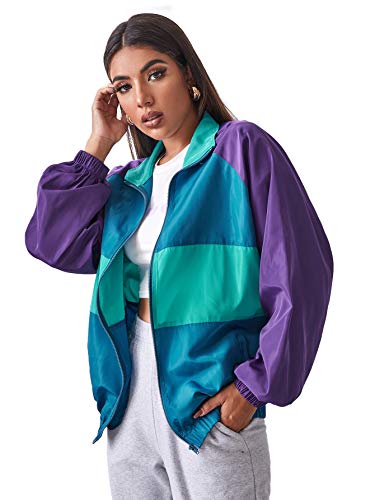 SweatyRocks Women's Lightweight Windbreaker Patchwork Zipper Sport Jacket Coat Outerwear Purple Blue S - Image 1