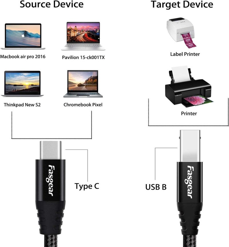 Type C to USB B Cable,1 Pack 3ft Nylon Braided Printer Scanner Cord with Metal Connector Compatible with HP LaserJet, Canon, Samsung, Brother, Xerox and other Printers (Black) - Image 3
