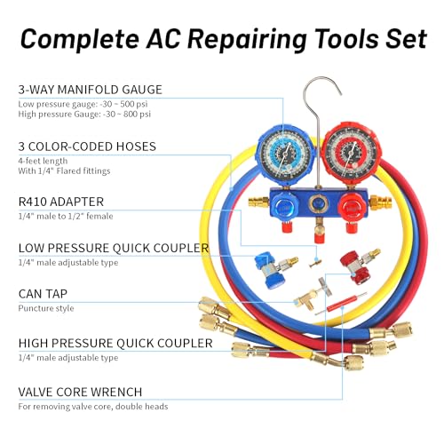 PB Motor Tech BMT PB Motor Tech Vacuum Pump & Gauge Set - 4.5 CFM Pump w/Aluminum Manifold Gauge, Quick Couplers, 410 Adapter, Can Tap Tool & Carrying Tote, for R134A, R410A, R22, R404A Refrigerants & A/C Maintenance - Image 2