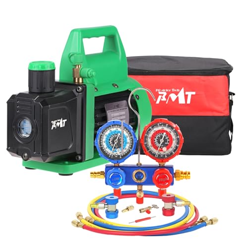 PB Motor Tech BMT PB Motor Tech Vacuum Pump & Gauge Set - 4.5 CFM Pump w/Aluminum Manifold Gauge, Quick Couplers, 410 Adapter, Can Tap Tool & Carrying Tote, for R134A, R410A, R22, R404A Refrigerants & A/C Maintenance - Image 1