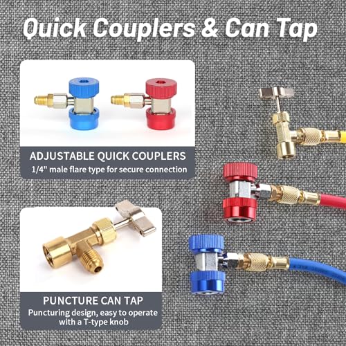 PB Motor Tech BMT PB Motor Tech Vacuum Pump & Gauge Set - 4.5 CFM Pump w/Aluminum Manifold Gauge, Quick Couplers, 410 Adapter, Can Tap Tool & Carrying Tote, for R134A, R410A, R22, R404A Refrigerants & A/C Maintenance - Image 5