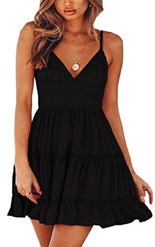 ECOWISH Summer Dresses for Women 2025 V-Neck Spaghetti Strap Bowknot Backless Sleeveless Lace Mini Swing Skater Dress Black Large - Image 1