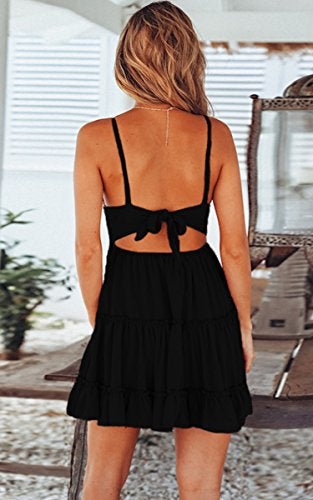 ECOWISH Summer Dresses for Women 2025 V-Neck Spaghetti Strap Bowknot Backless Sleeveless Lace Mini Swing Skater Dress Black Large - Image 4