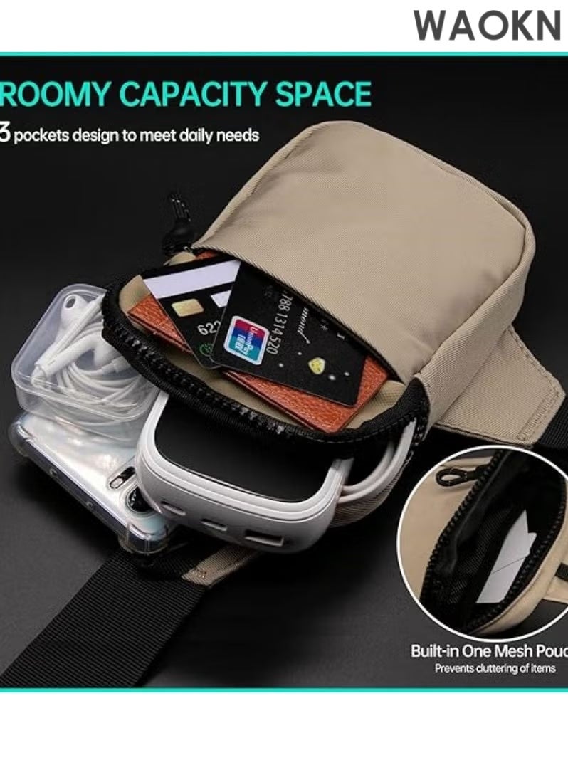WAOKN Compact Waterproof Crossbody Bag - Adjustable Shoulder Strap Chest Waist Pack for Travel, Running, Hiking - Lightweight Mini Wallet Phone Bag with Anti-Theft Zipper Pockets - Sports Fanny Pack for Women/Men (Khaki) - Image 5