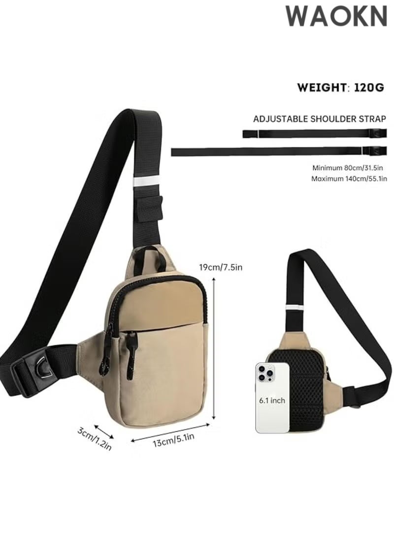 WAOKN Compact Waterproof Crossbody Bag - Adjustable Shoulder Strap Chest Waist Pack for Travel, Running, Hiking - Lightweight Mini Wallet Phone Bag with Anti-Theft Zipper Pockets - Sports Fanny Pack for Women/Men (Khaki) - Image 2