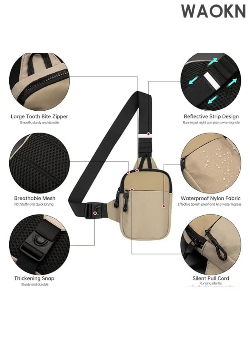 WAOKN Compact Waterproof Crossbody Bag - Adjustable Shoulder Strap Chest Waist Pack for Travel, Running, Hiking - Lightweight Mini Wallet Phone Bag with Anti-Theft Zipper Pockets - Sports Fanny Pack for Women/Men (Khaki) - Image 3