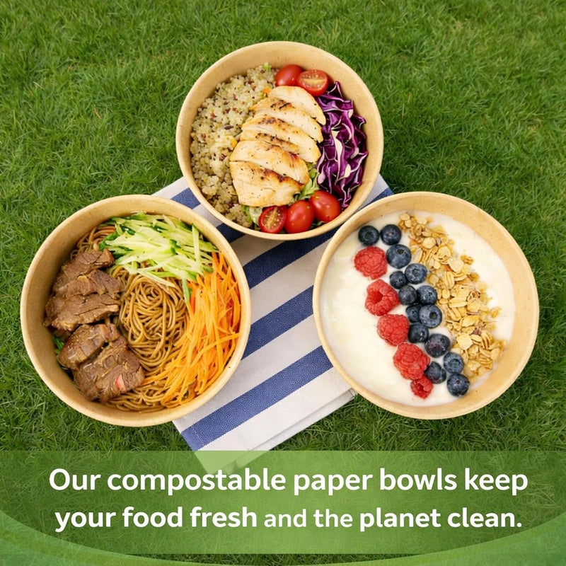 TOPtoper 50 Pack 25 Oz Large Paper Bowls with Lids, Disposable Soup Serving Bowls Bulk Party Supplies for Hot/Cold Food, Soup (25 OZ) - Image 5