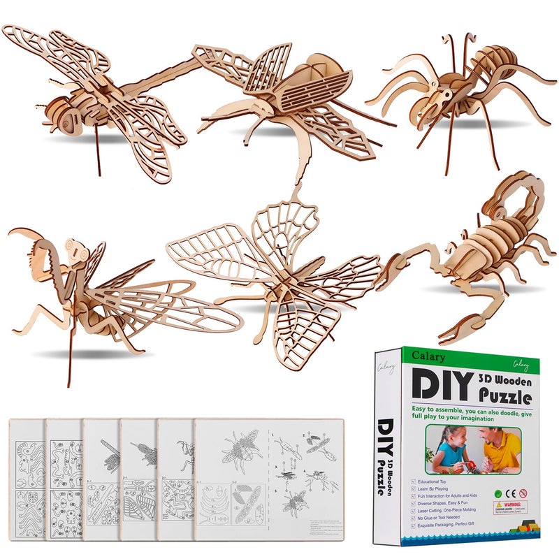 calary 3D Wooden Puzzle Simulation Animal Dinosaur Assembly DIY Model Toy for Kids and Adults,Set of 6 - Image 1