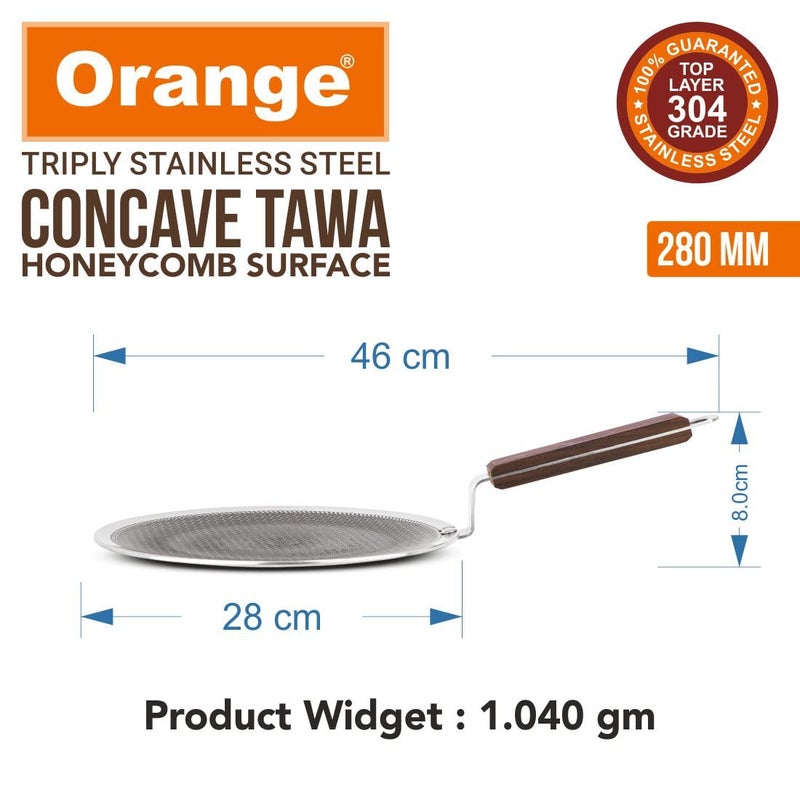 Orange Triply Stainless Steel Honeycomb 28cm Non-Stick Roti/Parathas/Concave Tawa | Scratch Resistant | Induction Friendly | Riveted Cool Touch Handle | 2.5mm Thickness | 5Year Warranty - Image 3