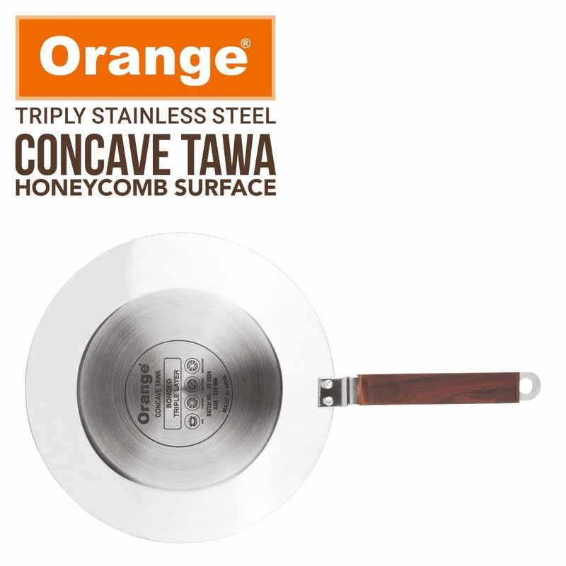 Orange Triply Stainless Steel Honeycomb 28cm Non-Stick Roti/Parathas/Concave Tawa | Scratch Resistant | Induction Friendly | Riveted Cool Touch Handle | 2.5mm Thickness | 5Year Warranty - Image 5