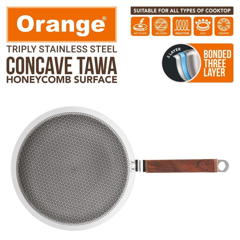 Orange Triply Stainless Steel Honeycomb 28cm Non-Stick Roti/Parathas/Concave Tawa | Scratch Resistant | Induction Friendly | Riveted Cool Touch Handle | 2.5mm Thickness | 5Year Warranty - Image 2