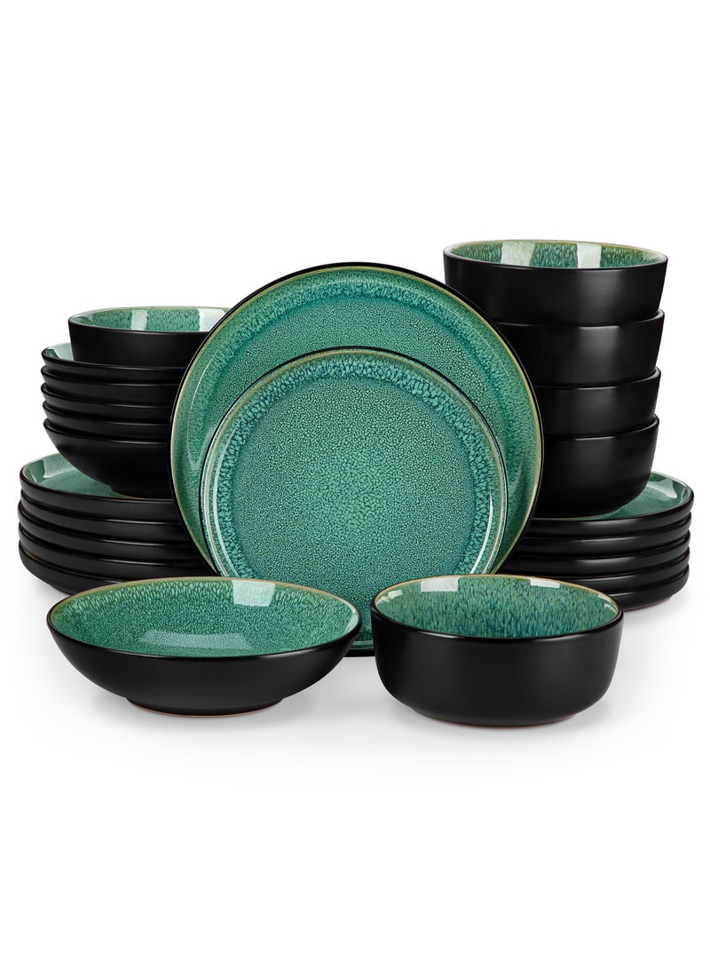 مجموعة عشاء من 24 قطعة، مجموعة سيراميك حجري ل6 أشخاص، تشمل أطباق عشاء وأطباق حلوى وأطباق حساء وأوعية، أخضر - Image 1