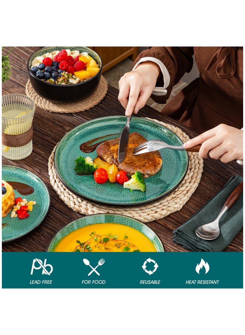 مجموعة عشاء من 24 قطعة، مجموعة سيراميك حجري ل6 أشخاص، تشمل أطباق عشاء وأطباق حلوى وأطباق حساء وأوعية، أخضر - Image 3