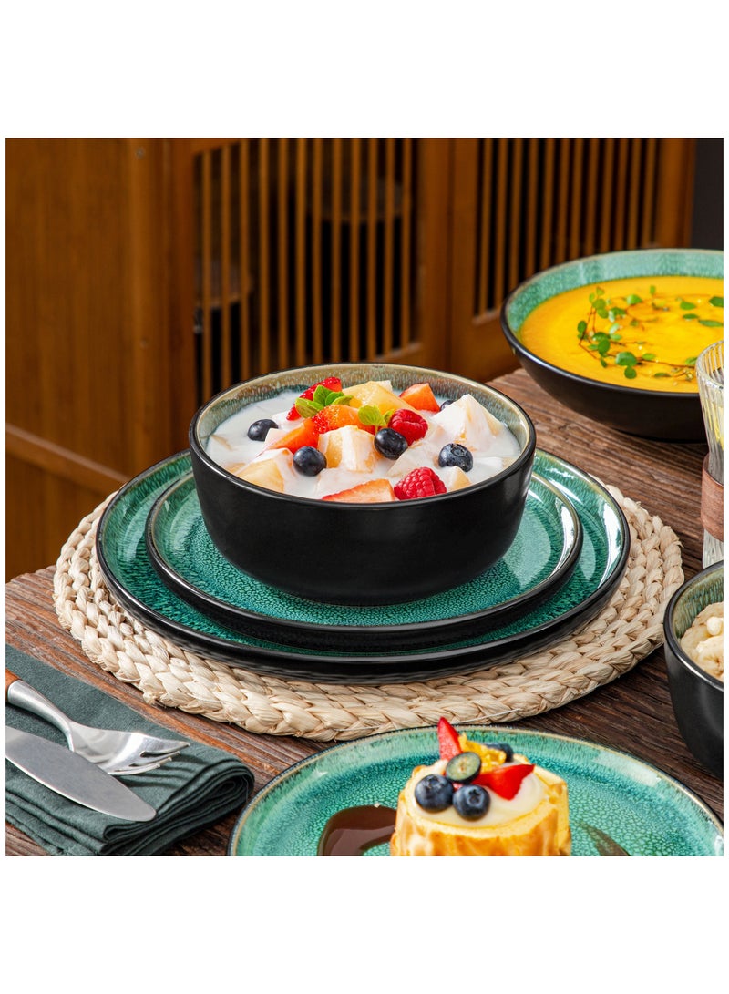 مجموعة عشاء من 24 قطعة، مجموعة سيراميك حجري ل6 أشخاص، تشمل أطباق عشاء وأطباق حلوى وأطباق حساء وأوعية، أخضر - Image 5