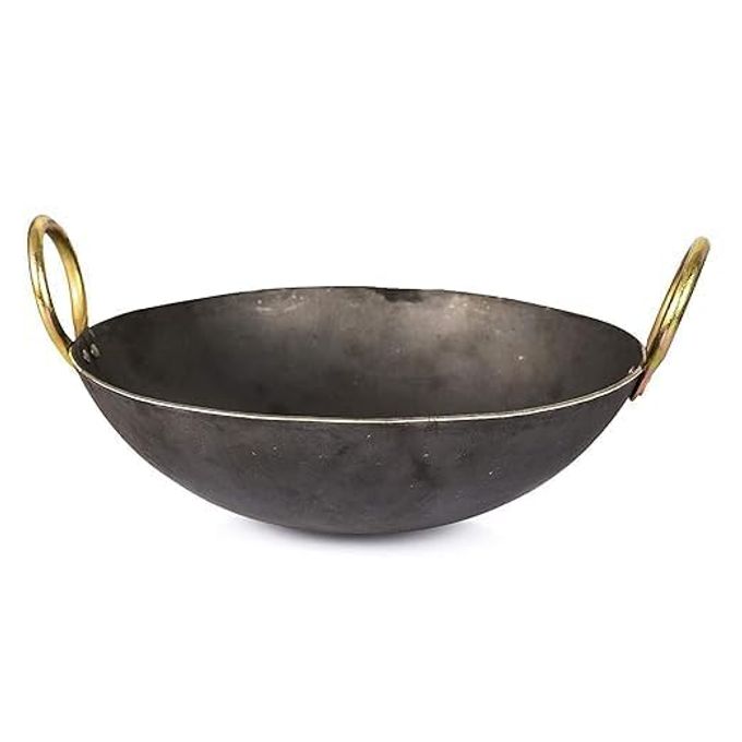 VOMI HEAVY BASE IRON KADHAI KADAI WITH HANDLE FOR KITCHEN DEEP FRYING KADAI FREE STAINLESS STEEL SCRUBBER 10 LITTER