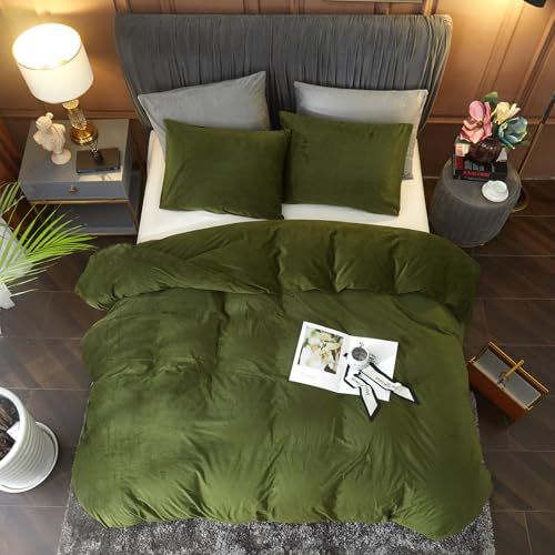 Ivellow Velvet Flannel Duvet Cover King Size Olive Green Comforter Cover Ultra Soft Breathable Cozy Velour Duvet Cover Solid Luxury Bedding Set Zipper Closure Corner Ties - Image 2