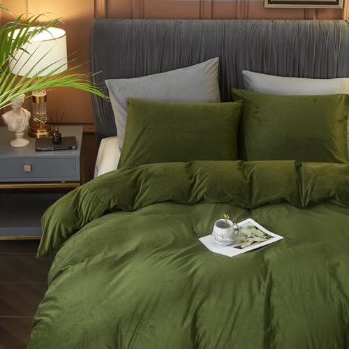 Ivellow Velvet Flannel Duvet Cover King Size Olive Green Comforter Cover Ultra Soft Breathable Cozy Velour Duvet Cover Solid Luxury Bedding Set Zipper Closure Corner Ties - Image 3