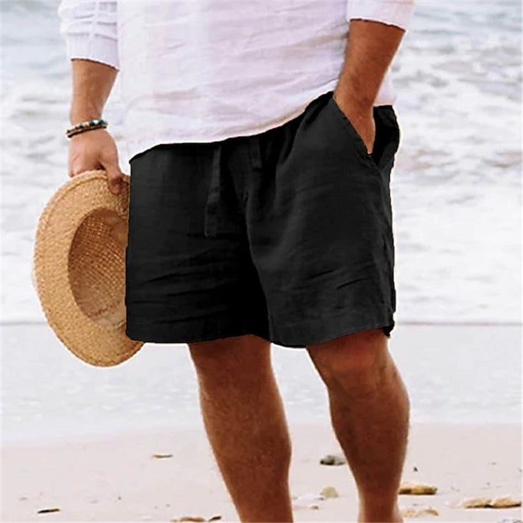 Men'S Shorts Cotton Linen Summer Drawstring Elastoic Waist Straight Legs Solid Color Comfortable Breathable Short Daily Beach - Image 1