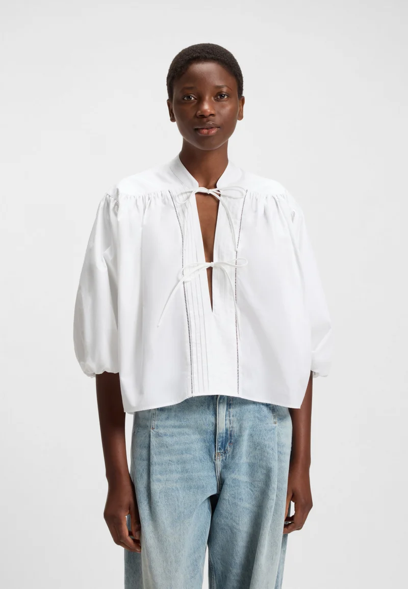 BOSS Relaxed-fit blouse in cotton poplin with tie neckline