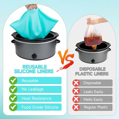 SOPHICO ChefAid Slow Cooker Liners, 100% Silicone Reusable Crock Pot Insert Accessories for 6-8 Oval or Round Quart Slow Cookers, Food Safe & Dishwasher Safe (Grey-Mint) - Image 4