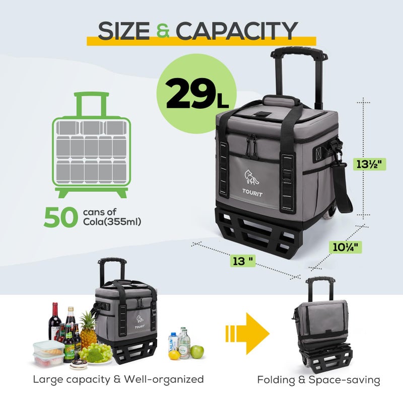 TOURIT Portable 50-Can Collapsible Rolling Soft Cooler with 29L Space & Reinforced All-Terrain Cart with Wheels Easy Transportation, Large Leakproof Travel Beach Ice Chest for Grocery Shopping - Image 2
