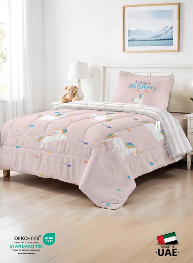 Cotton home طقم لحاف أطفال مكون من 3 قطع من القطن الفاخر يشمل 1 قطعة لحاف 135x220 سم، 1 قطعة ملاءة مشدودة 90x200 سم، و1 قطعة غطاء وسادة 50x75+5 سم، يونيكورن - Image 1