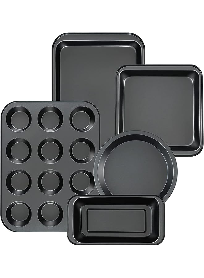 PROMASS Pans Nonstick Set, Baking Pans Nonstick Set, Nonstick Bakeware Set, 5 Pcs Bakeware Include Cookie Sheet, Loaf Pan, Square Pan, Round Cake Pan, 12 Cups Muffin Pan - Image 1