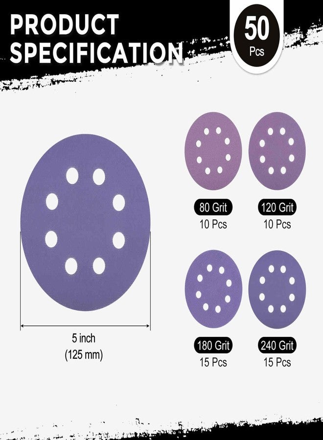 Kozelo 50 Pack Sanding Disc Kit 5 Inch 80/120/180/240 Grit 8 Hole Hook and Loop Orbital Sandpaper for Drywall Sander Wood Metal, Purple - Image 2