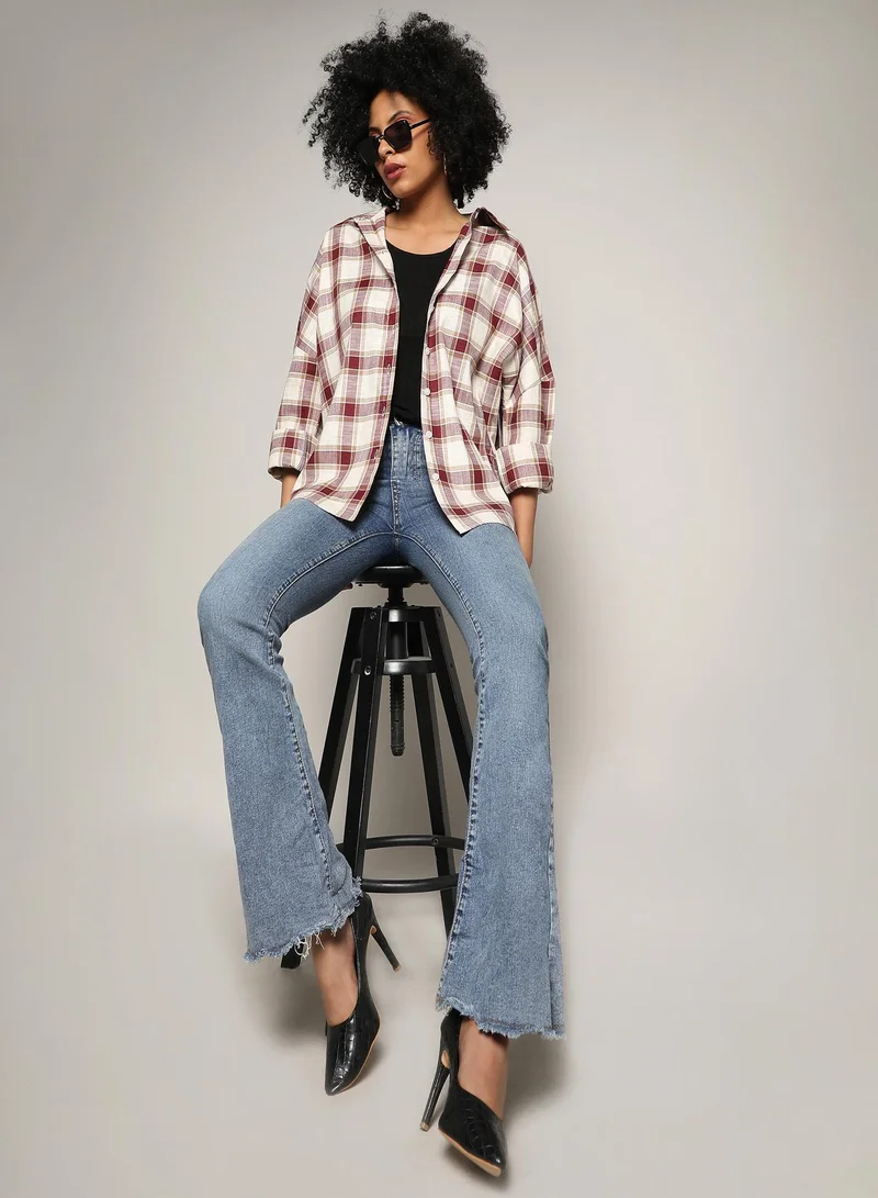 PINACOLADA Pinacolada Women's Mocha Brown & Pale Yellow Tartan Plaid Boxy Shirt For Casual Wear | Spread Collar | Regular Sleeves | Button Closure | Shirt Crafted With Comfort Fit For Everyday Wear