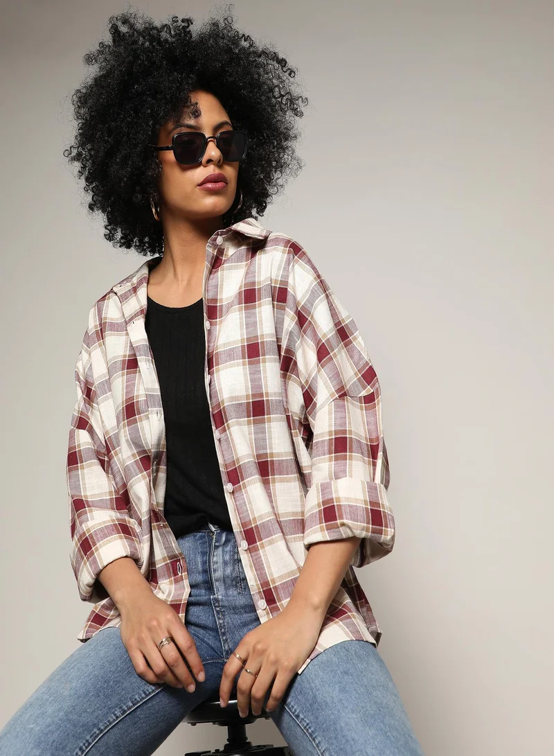 PINACOLADA Pinacolada Women's Mocha Brown & Pale Yellow Tartan Plaid Boxy Shirt For Casual Wear | Spread Collar | Regular Sleeves | Button Closure | Shirt Crafted With Comfort Fit For Everyday Wear