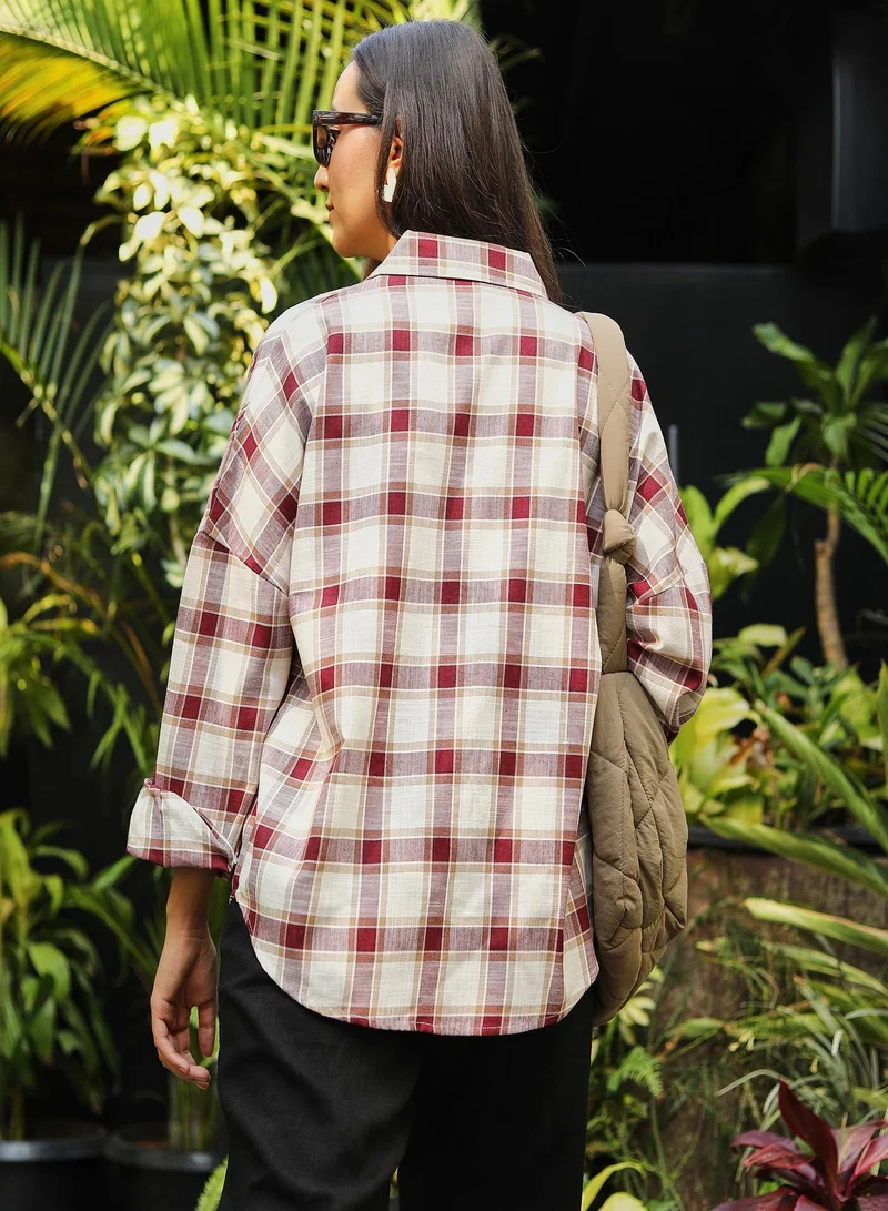 PINACOLADA Pinacolada Women's Mocha Brown & Pale Yellow Tartan Plaid Boxy Shirt For Casual Wear | Spread Collar | Regular Sleeves | Button Closure | Shirt Crafted With Comfort Fit For Everyday Wear
