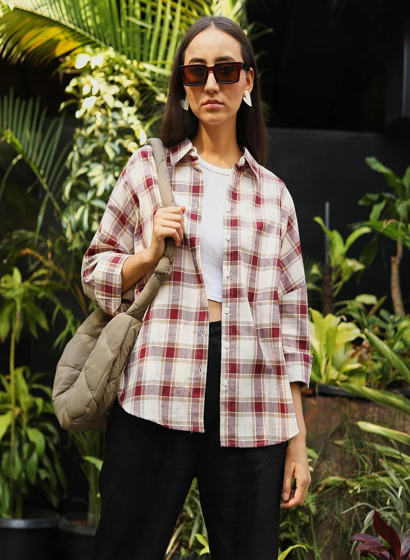 PINACOLADA Pinacolada Women's Mocha Brown & Pale Yellow Tartan Plaid Boxy Shirt For Casual Wear | Spread Collar | Regular Sleeves | Button Closure | Shirt Crafted With Comfort Fit For Everyday Wear