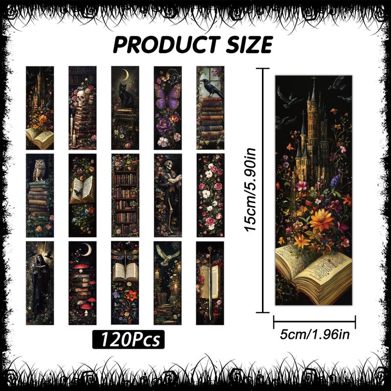 MENIFEND 120 Pcs Dark Academia Bookmarks Bulk, Gothic Floral Aesthetic Paper Book Mark with 15 Designs for Reading Women, Dark Romance Merch Bookish Gifts Reading Accessories for Women Teens Adults - Image 2