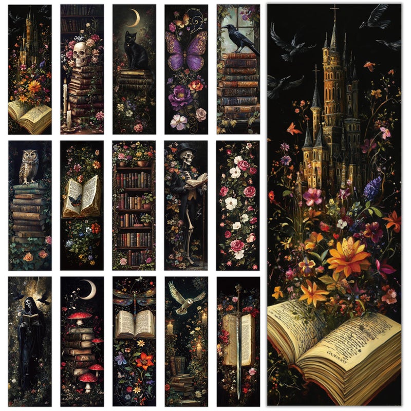 MENIFEND 120 Pcs Dark Academia Bookmarks Bulk, Gothic Floral Aesthetic Paper Book Mark with 15 Designs for Reading Women, Dark Romance Merch Bookish Gifts Reading Accessories for Women Teens Adults - Image 1