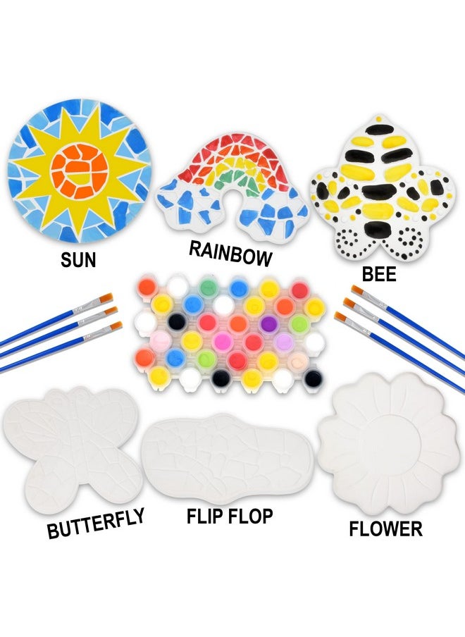 Gift Boutique - Paint Your Own Ceramic Stepping Stones Craft Kit Set Of 6 Unpainted Ceramics For Kids Fun Activity Outdoor Garden Decor Summer Spring Arts & Crafts Painting Project Supplies Paint And Brushes Included - Image 1
