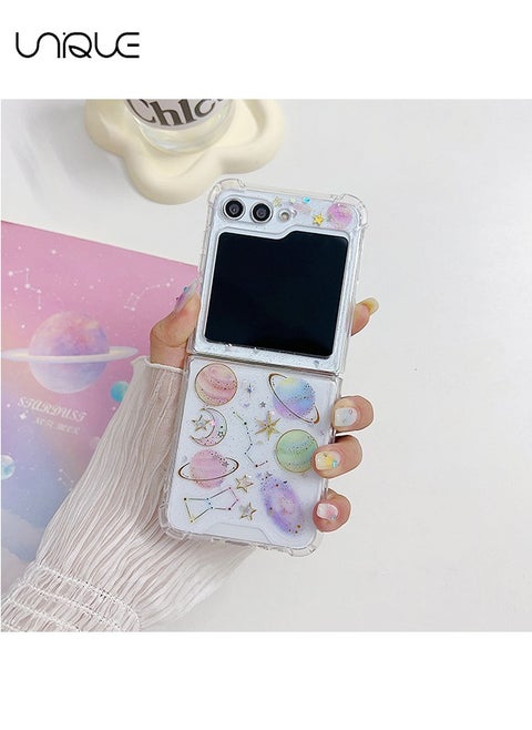 For Samsung Z Flip 5 5G Case Space Theme Clear with Design Bling Glitter Sparkly Stars and Moon Planet Durable Shockproof Transparent Universe Phone Protective Cover Women Girls Z5 Flip