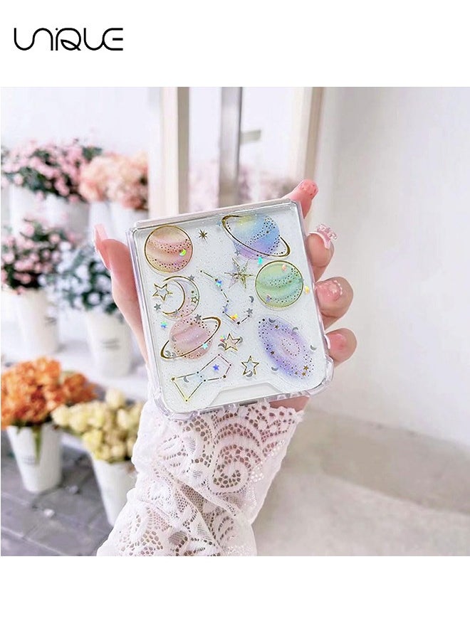 يونيك - لسامسونج Z فليب 5 5G حالة الفضاء موضوع واضح مع تصميم بلينغ بريق تألق النجوم والقمر كوكب دائم صدمات شفافة الكون الهاتف غطاء واقي للنساء الفتيات Z5 الوجه - Image 1