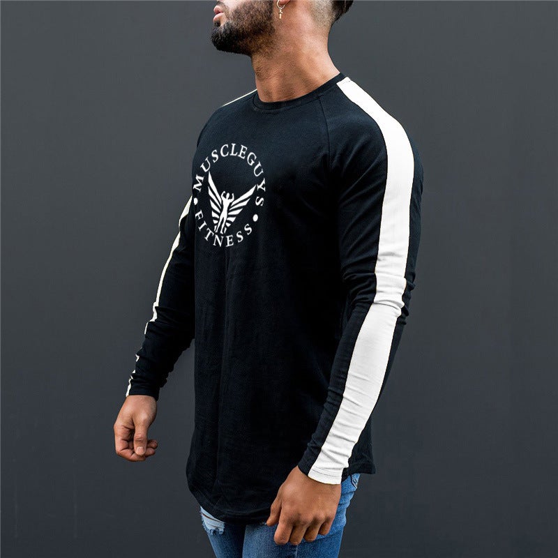 Foreign Trade European and American Fashion Fitness Sports Long-sleeved T-shirt Men's Letter Printing Sleeve Contrast Color Slim-fit Sports Base Shirt - Image 3