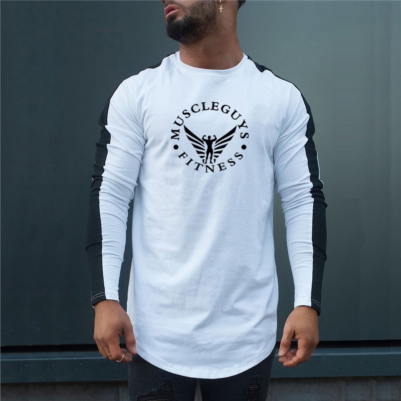 Foreign Trade European and American Fashion Fitness Sports Long-sleeved T-shirt Men's Letter Printing Sleeve Contrast Color Slim-fit Sports Base Shirt - Image 1