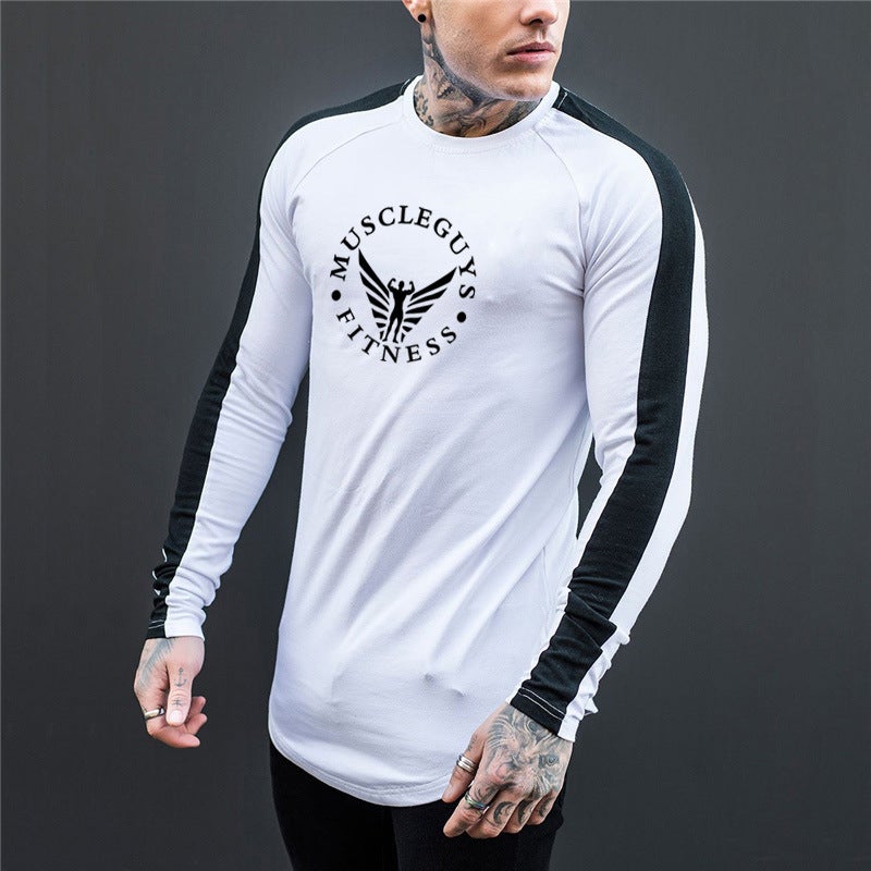 Foreign Trade European and American Fashion Fitness Sports Long-sleeved T-shirt Men's Letter Printing Sleeve Contrast Color Slim-fit Sports Base Shirt - Image 4