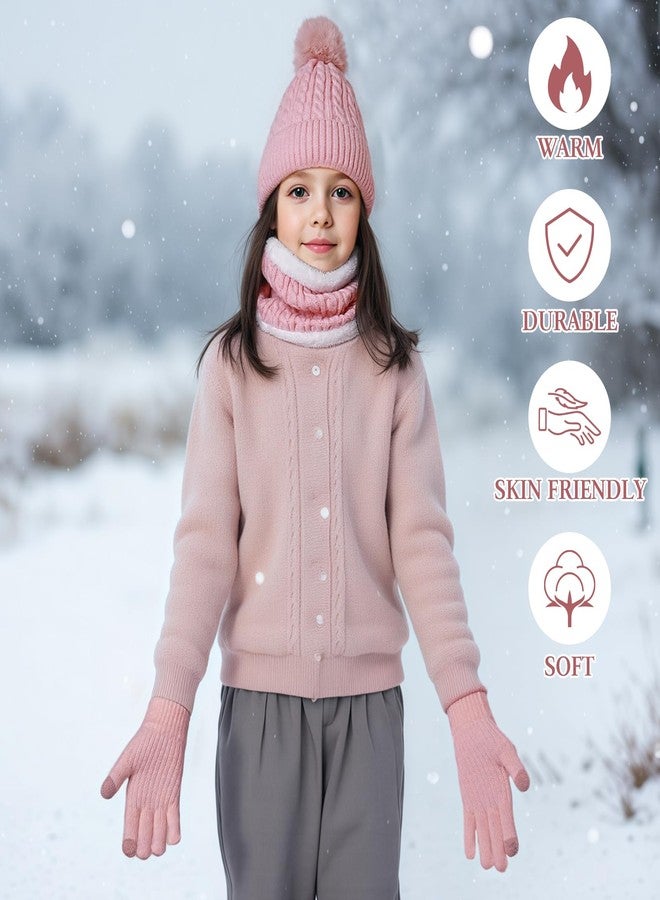 Clothclose Kids Winter Hat Gloves Scarf Set, Winter Hats and Gloves for Girls with Pom, Neck Warmer Thick Lining Set, Pink, one size - Image 2