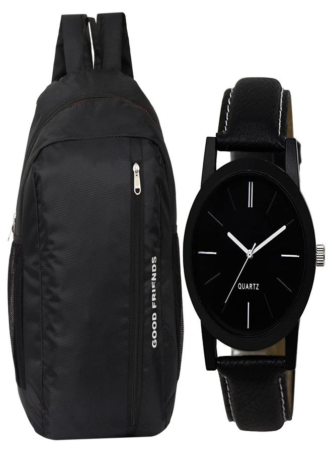 Goodfriends Office Bag/School Bag/College Bag/Unisex Backpack & Black Analouge Watch For Boys & Girls (Black) - Image 1