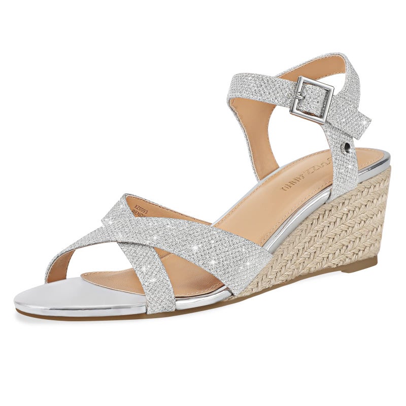 PIZZ ANNU Women's Wendy Low Wedge Sandals Ankle Strap Espadrille Open Toe Casual Summer Women Wedge Heels Shoes, Silver 11 - Image 1