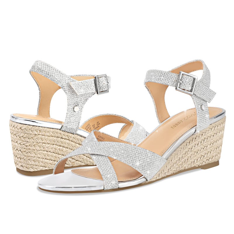 PIZZ ANNU Women's Wendy Low Wedge Sandals Ankle Strap Espadrille Open Toe Casual Summer Women Wedge Heels Shoes, Silver 11 - Image 4